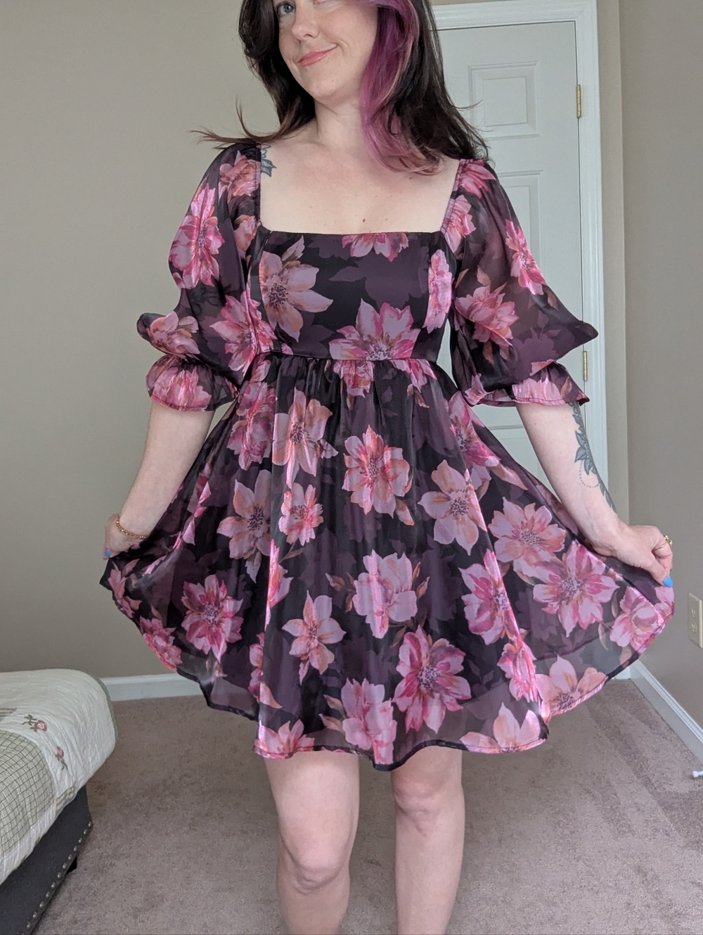 Thirty Thirty LA - Puff Sleeve Babydoll Dress - Floral Mesh Mini - Size S